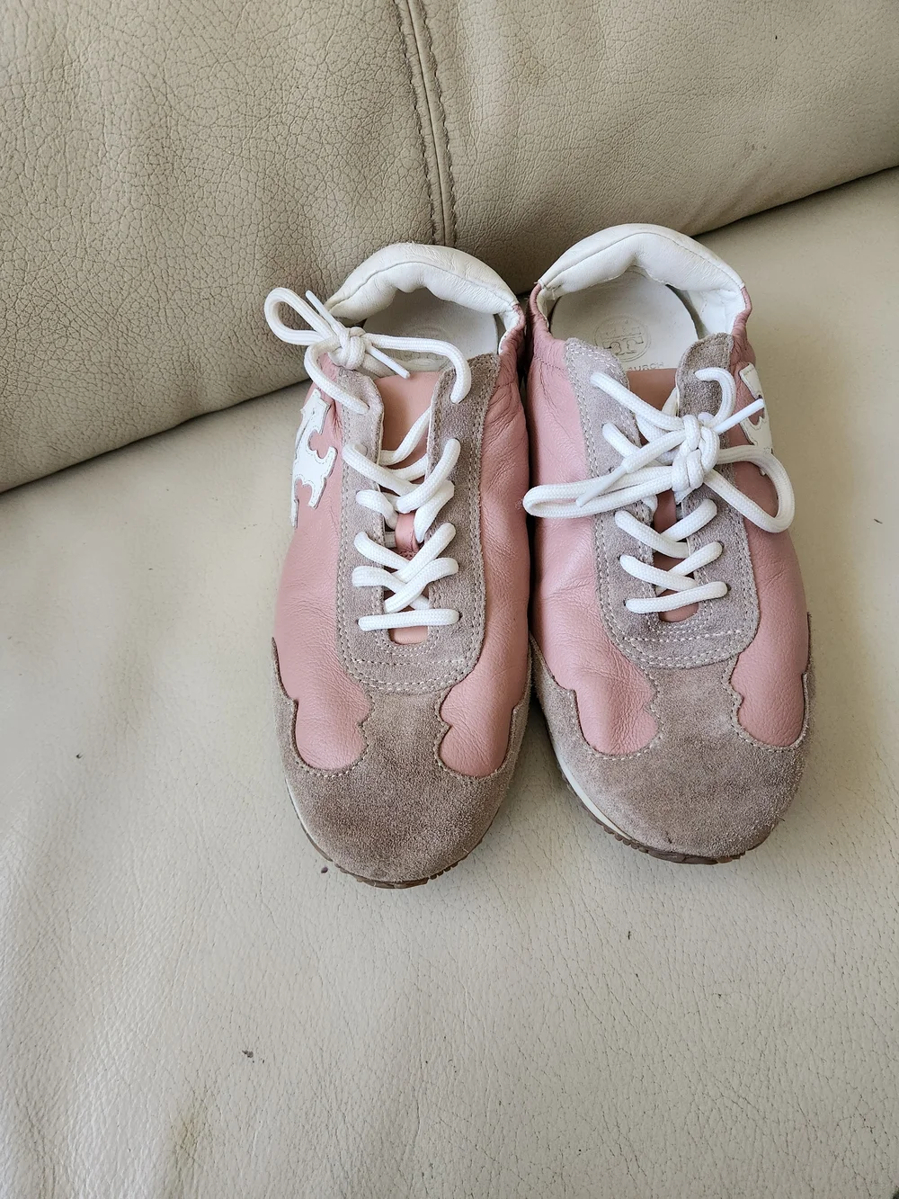 Tory Burch Pink Leather & Taupe Suede Logo Sneakers